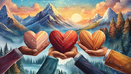 hearts in hands of people different races symbolize kindness and charity towards ethnic minorities - obrazy, fototapety, plakaty