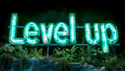 Big green letters Text "Level up" isolated on black background generative ai
