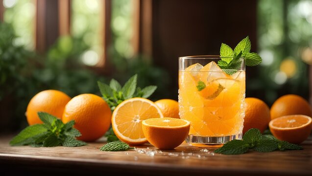 Fresh orange juice with mint and ice, a healthy drink for weight loss.