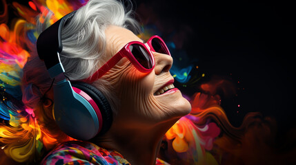 old woman in headphones listening to music. Abstract background with color powder explosion. Inspiration, dreams, flights of fancy.