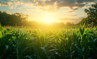 Sun rising over dense cornfield, green crops, agricultural scene, farming life, natural landscape