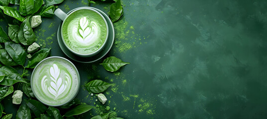 Matcha latte top view on the green background - obrazy, fototapety, plakaty