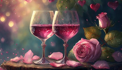romantic concept two glasses of vine with pink rose petals with bokeh background valentine s day banner celebration with wine and red rose