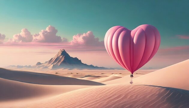 minimal love concept of pink heart shaped balloon in the middle of sandy desert soft pastel colors creative valentine s day illustration