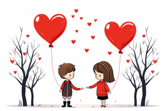 Children with Valentine's Day hearts, simple flat vector illustration, white background ,generative ai