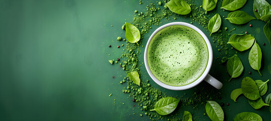 Matcha latte top view on the green background - obrazy, fototapety, plakaty