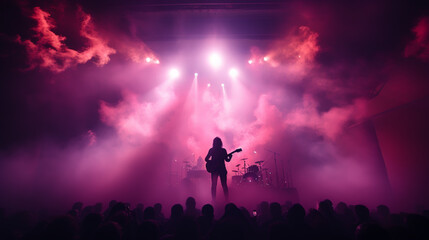 Band Silhouette. View of stage during rock concert with musical instruments and scene stage lights, rock show performance. Electric guitar. - obrazy, fototapety, plakaty