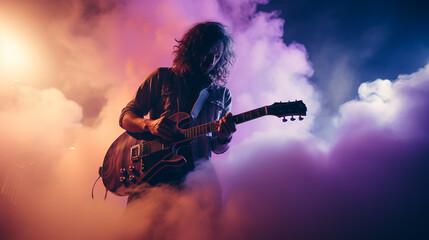 A guitar player making rock during concert. Rock band performs on stage. Guitarist plays solo. - obrazy, fototapety, plakaty