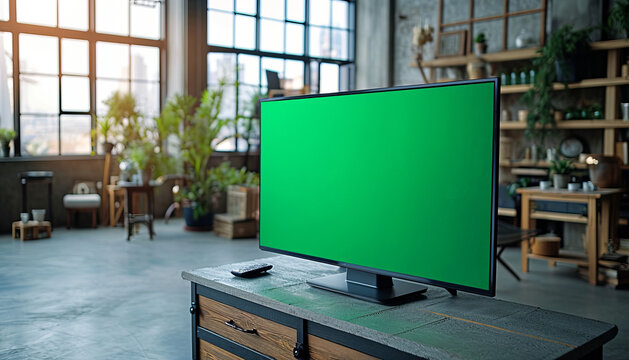 Close up on Modern Flat screen tv with a green screen,front view,minimalism white house ,generative ai