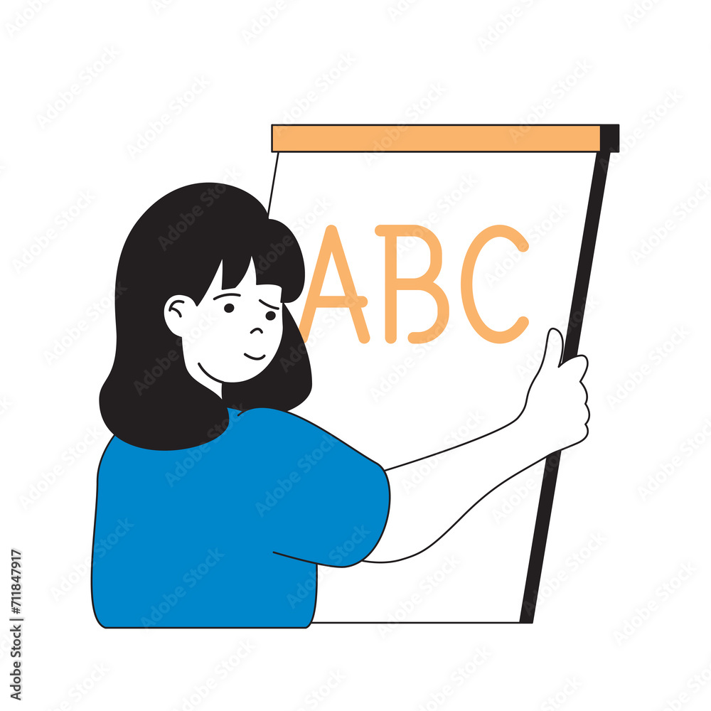 Aufkleber school learning concept with cartoon people in flat design for web. teacher explaining alphabet and 