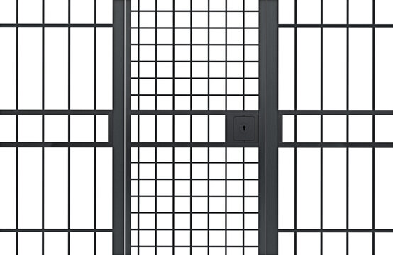 Closed door of a prison cell. Transparent background. 3D illustration