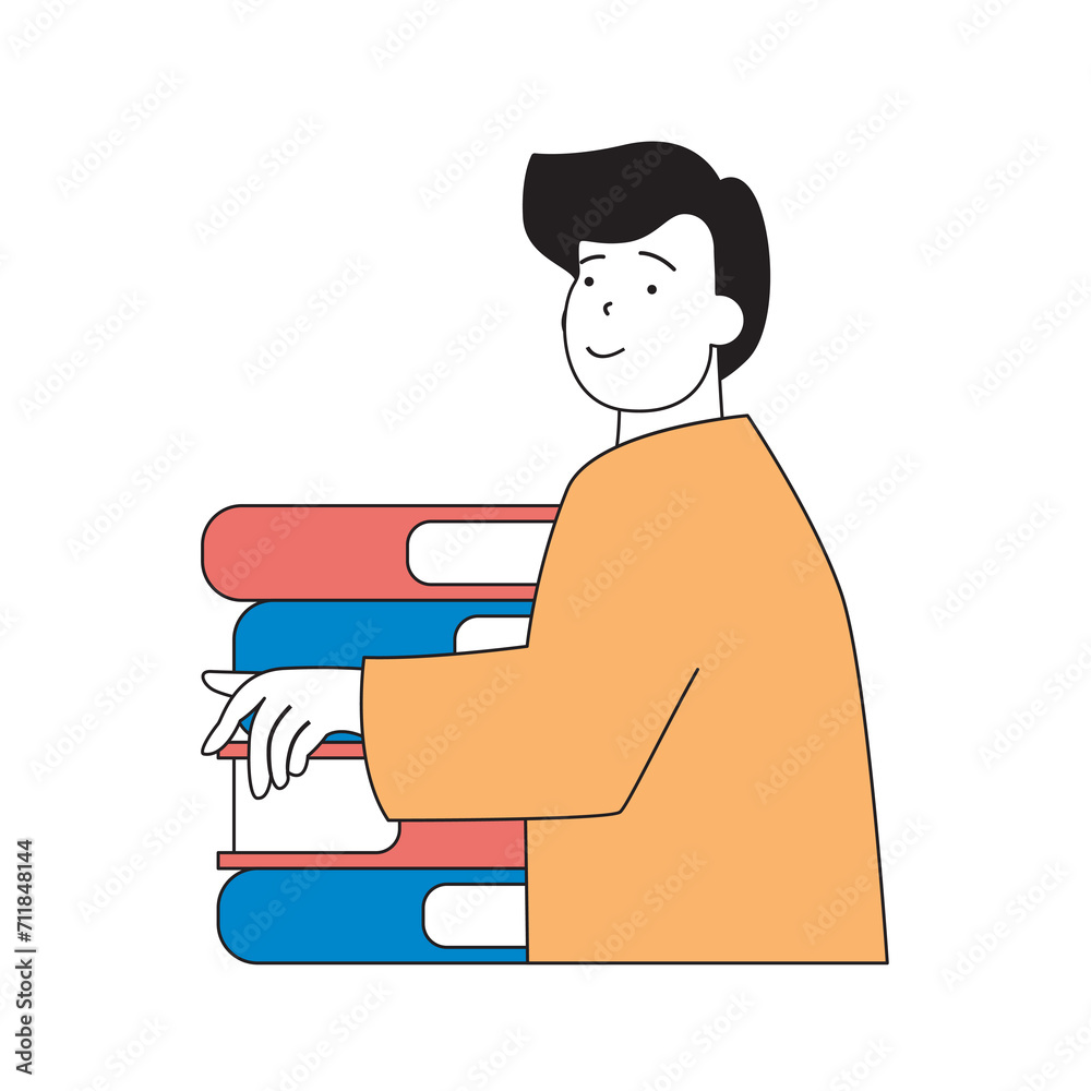Poster school learning concept with cartoon people in flat design for web. student with stacks of books mak