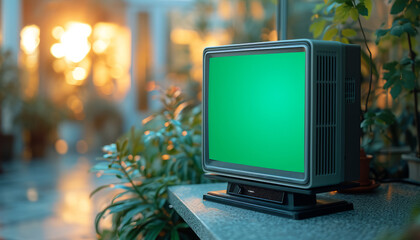 Close up on Modern Flat screen tv with a green screen,front view,minimalism white house ,generative ai