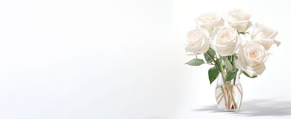 White roses, Background for design. Postcard. Congratulations. Web banner. Wide. Panoramic. valentines day background. Valentine's Day. An empty space for copying text.