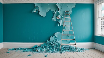Demolishing a wall to create an open floor plan during home renovation project - obrazy, fototapety, plakaty