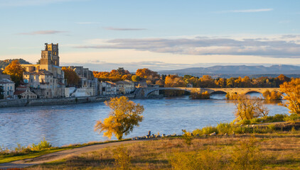 Pont-Saint-Esprit over the Rhone river in Occitanie. Photography taken in France
