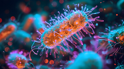 Escherichia coli on neon background - obrazy, fototapety, plakaty