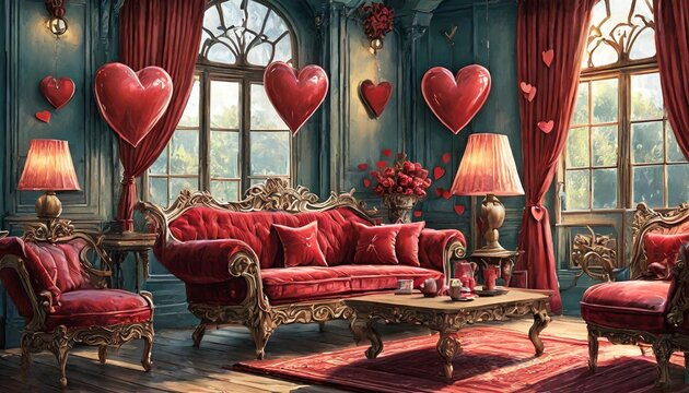 valentines day themed interior with red sofa and home decor
