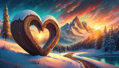 wooden handmade heart in winter nature wit colorful pleasure colors of sunset light valentine love wallpaper with space for your montage