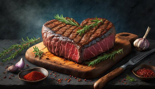 different degrees of roasting beef steak in heart shape with spices on a stone background with a copy of the space for your text