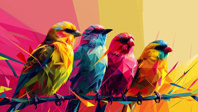 Colorful geometric birds on a wire in an illustration