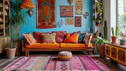 eclectic mix of patterns, textures, and vibrant colors in a boho-chic interior, reflecting a free-spirited style