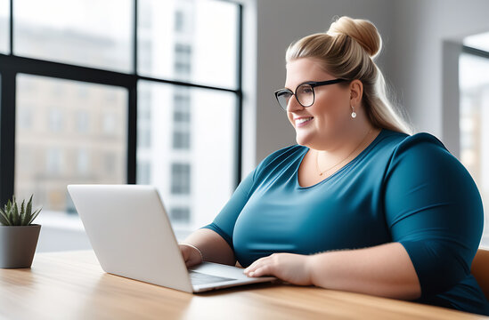 Profile of a plus size, body positive, overweight girl fat woman working and having a video call. Laptop on the table. Brainstorming, technical support, conference call, meeting, IT remote team work