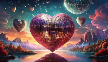 disco ball heart valentine s day heart disco elegant - obrazy, fototapety, plakaty
