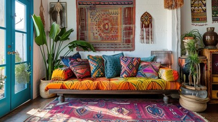 eclectic mix of patterns, textures, and vibrant colors in a boho-chic interior, reflecting a free-spirited style