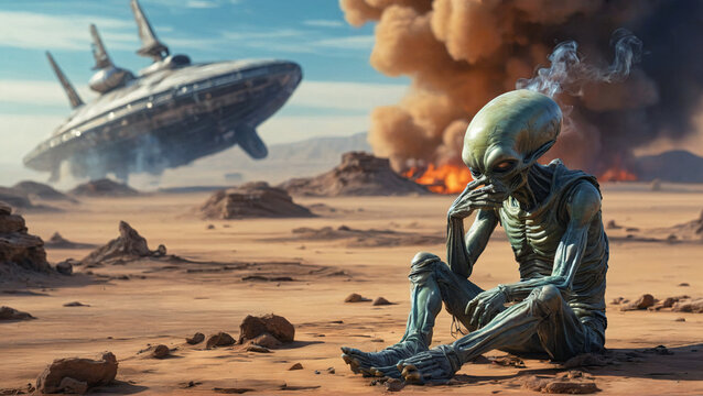 funny illustration of a sad alien smokes near to crashed alien space ship UFO on desert, generative AI