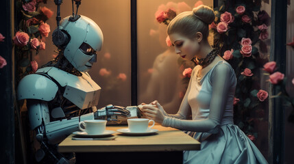 Lovers robot Sitting in restaurant. Loving couple cyborg and Girl. romantic Romantic relationship. Love and robot illustration - obrazy, fototapety, plakaty