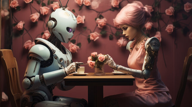 Lovers robot Sitting in restaurant. Loving couple cyborg and Girl. romantic Romantic relationship. Love and robot illustration
