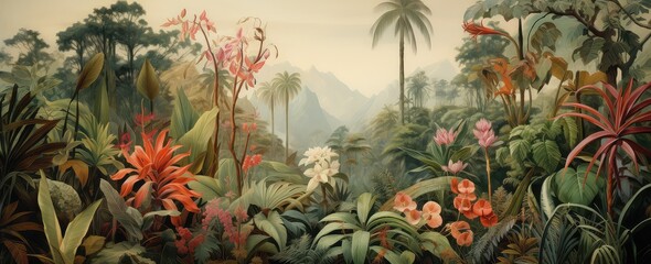 Watercolor wallpaper pattern. Jungle landscape in retro wallpaper style.