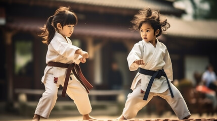 Obraz premium young, beautiful, successful multi ethical kids in karate position