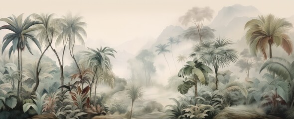 Watercolor wallpaper pattern. Jungle landscape in retro wallpaper style. - obrazy, fototapety, plakaty