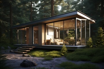 Modern glass house in the woods