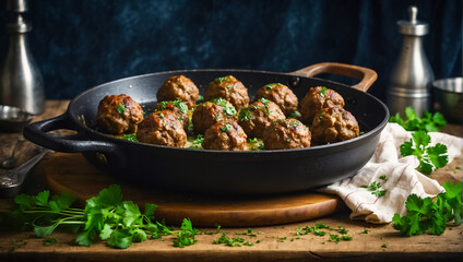 Delicious fried meatballs in a frying pan in the kitchen