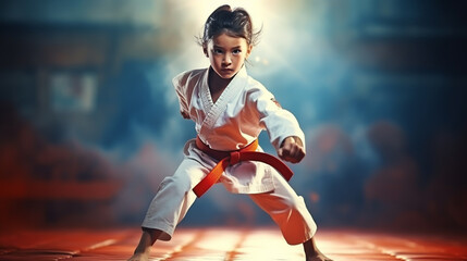 young, beautiful, successful multi ethical kids in karate position - obrazy, fototapety, plakaty