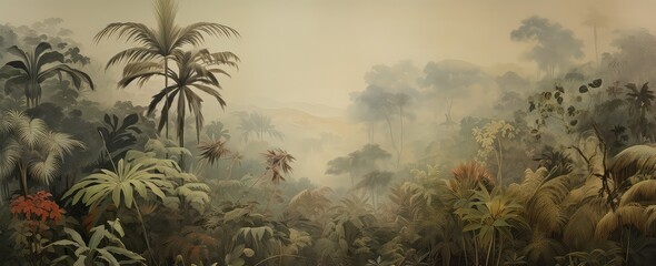 Painting of a jungle landscape. Watercolor pattern wallpaper.