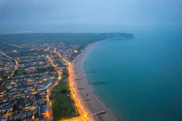 Aerial night view of the famous travel destination, Swanage, Dorset, South West England. blue hour winter