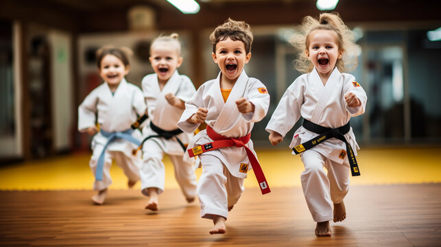 young, beautiful, successful multi ethical kids in karate position