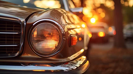 Poster Im Rahmen Captivating blurred bokeh effect  vintage car headlights shine amidst a stunning sunset backdrop © Andrei