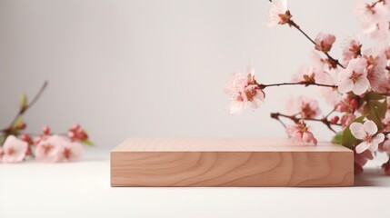empty wooden platform podium for product presentation and spring blooming tree branches with white flowers on a pastel beige background.