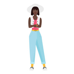 Hipster black girl with crossed arms. Cool girl with white hat cartoon vector illustration