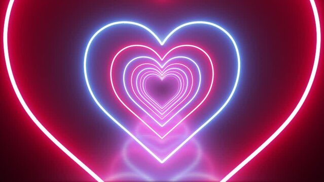 Valentine or wedding day love heart shape neon lights infinite tunnel animation with floor shadows, glowing heart motion scene, concept, ideas, 4K, seamless loopable element