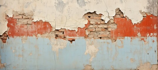 Intricate close up of peeling antique fresco, revealing layers of paint and weathered textures