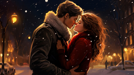 Obraz premium Young beautiful sensual couple outdoor portraits. Boy and girl having fun in cold weather.