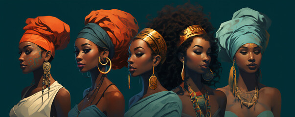 Lineup of African Women with Traditional Turbans. Black History Month concept - obrazy, fototapety, plakaty