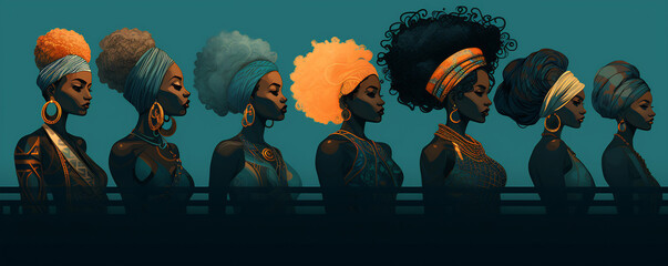 Array of African Queens in Traditional Attire. Black History Month concept - obrazy, fototapety, plakaty