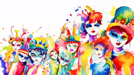 Carnival banner with funny character in fancy dress on stilts. illustration